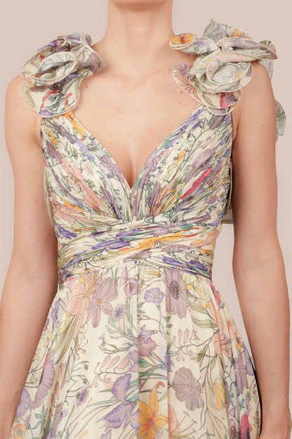 Floral Pleated Backless Lace Up Maxi Dress