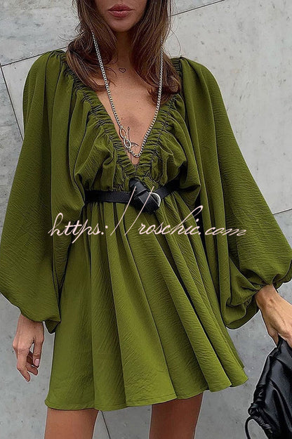 V Neck Puff Sleeve Solid Color Resort Style Mini Dress