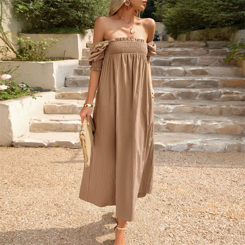 Solid Color Square Neck Maxi Dress in Apricot Green Khaki Orange