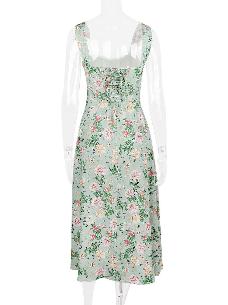 Corset Dress Floral Wide Strap Backless Lace Up Slit Sexy Party Midi Dresses