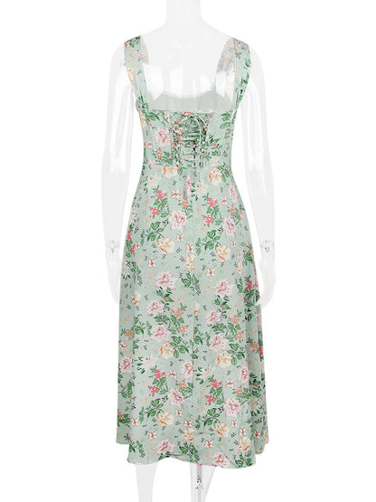 Corset Dress Floral Wide Strap Backless Lace Up Slit Sexy Party Midi Dresses