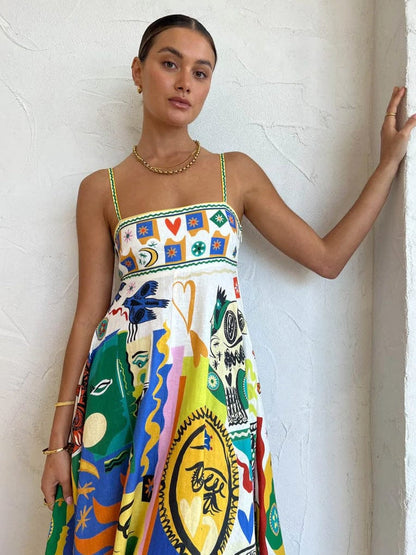 Sundress Graffiti Print Midi Dress Ivory