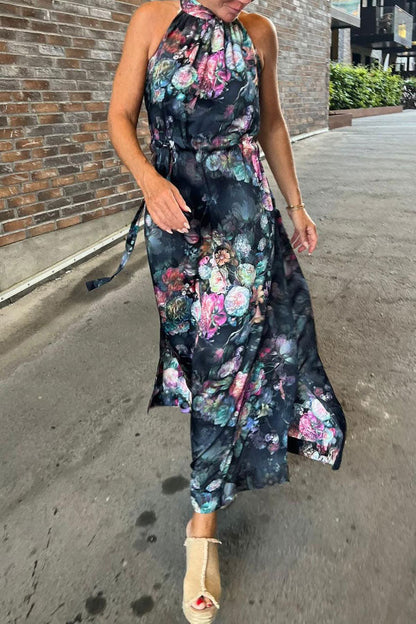 Elegant Vintage Rose Print Tie Halterneck Maxi Dress