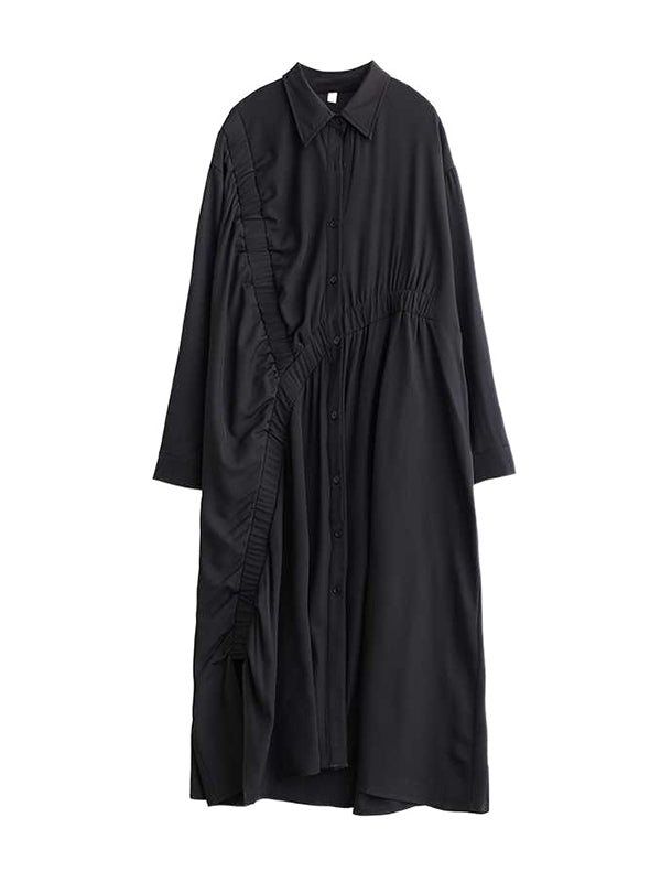 A-Line Long Sleeves Asymmetric Buttoned Elasticity Pleated Pockets Solid Color Lapel Midi Dresses Shirt Dress