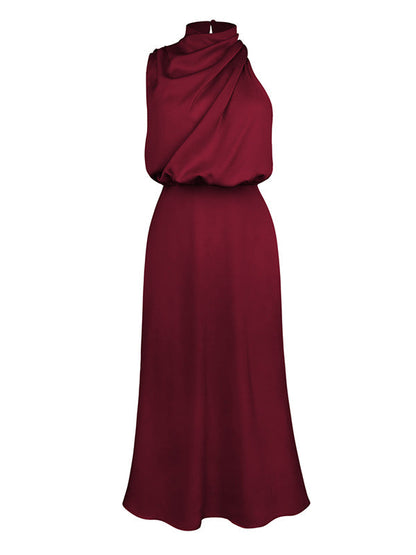 Sleeveless Solid Color Halter-Neck Midi Dresses