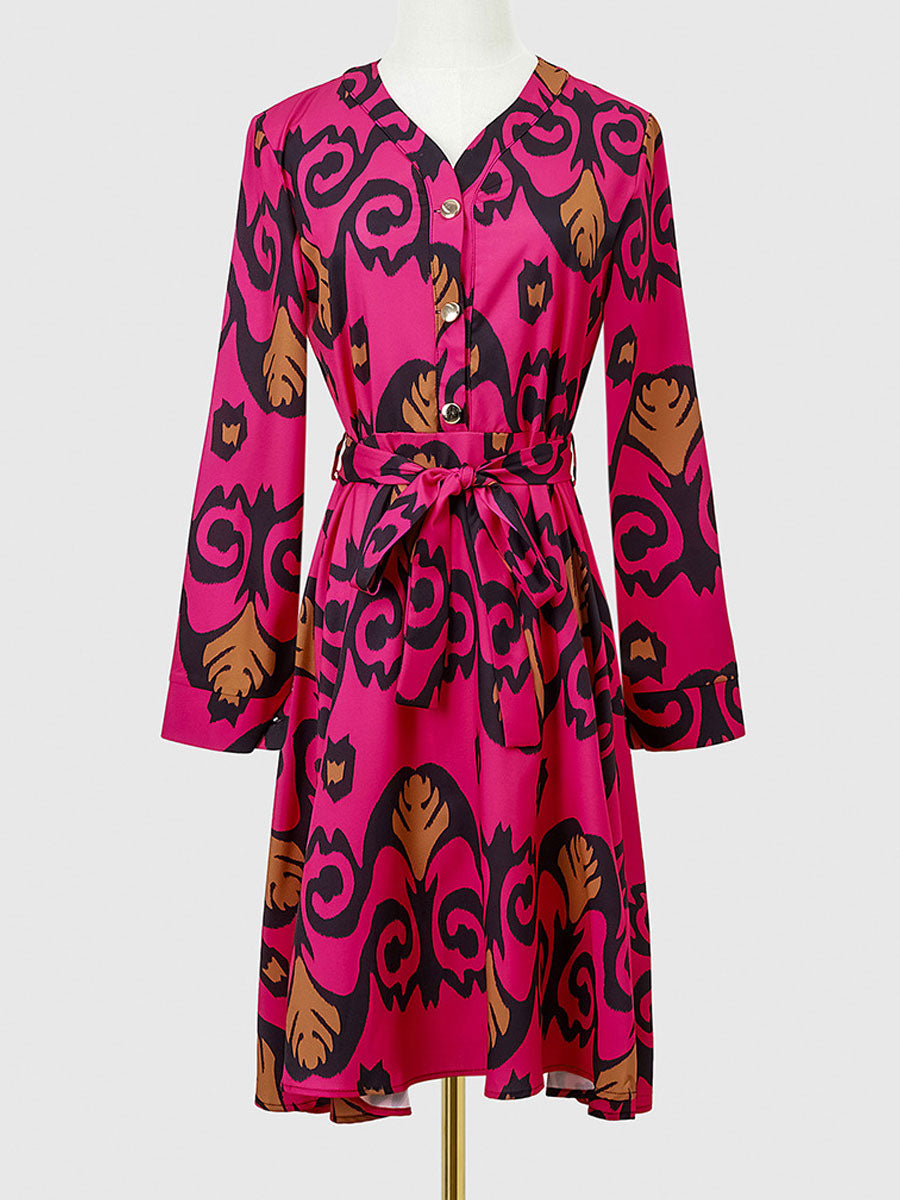 Leopard Print Lace Up Casual V-Neck Long Sleeves Midi Dress