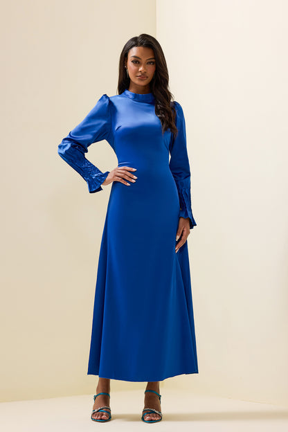 Solid Satin Lantern Sleeve Midi Dress