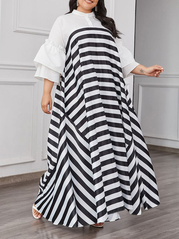 Loose Three-Quarter Sleeves Split-Joint Striped Stand Collar Maxi Dresses