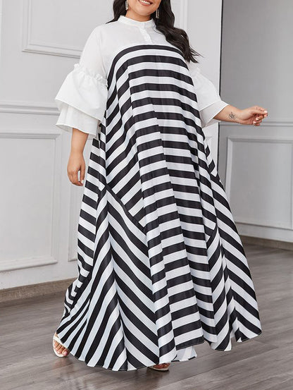 Loose Three-Quarter Sleeves Split-Joint Striped Stand Collar Maxi Dresses