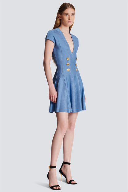 Knit V-Neck Metal Button Mini Dress