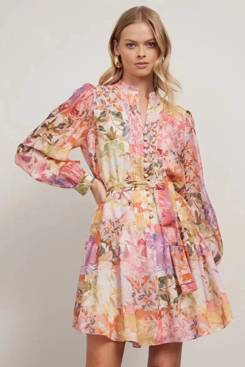 Floral Pleat Single Breasted Lantern Sleeve Mini Dress With Belt
