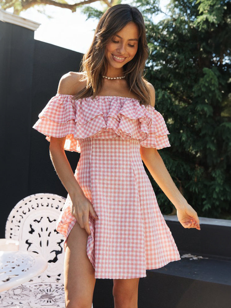 Barbie Pink Gingham Dress Bateau Neck Ruffles Plaid Summer Mini Dress