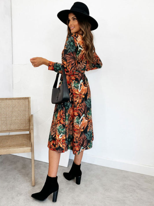 Printed Midi Dress V-Neck Front Buttons Belted Long Sleeves Dresses