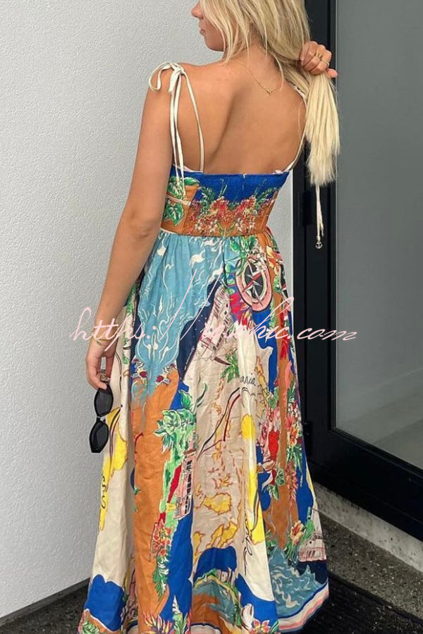 Unique Printed Lace-up Suspender Pockets Casual Resort Style Midi Dress