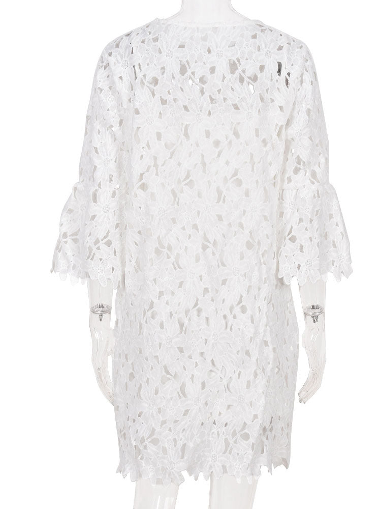 Lace Dresses White Jewel Neck 3/4 Length Sleeves Lace   Casual Midi Dresses