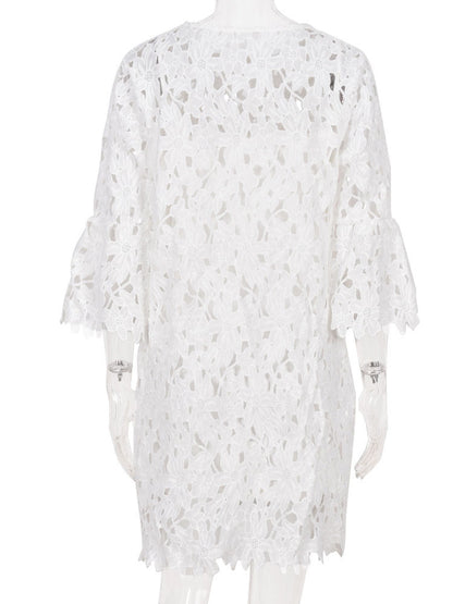 Lace Dresses White Jewel Neck 3/4 Length Sleeves Lace   Casual Midi Dresses