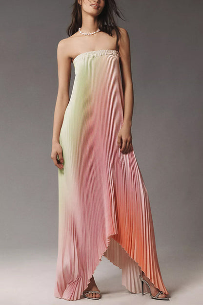 Strapless Color Block Gradient Pleated Maxi Dress