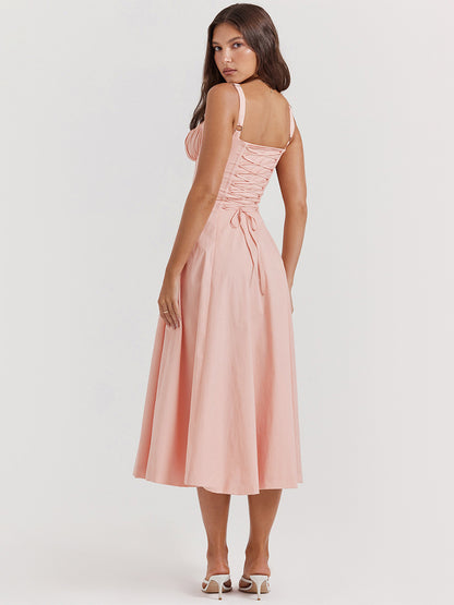 Summer Dress Sleeveless Straps Neck Chic Lace Up Midi Dress For Women