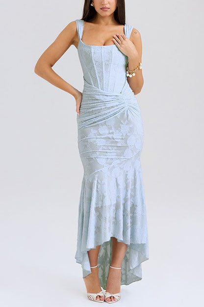 Sleeveless Ruched Waist Ruffle Hem Jacquard Maxi Dress