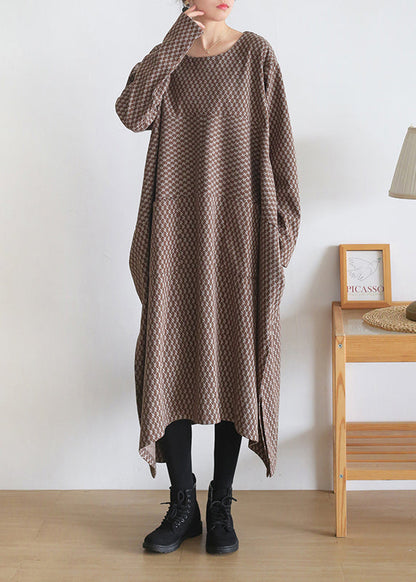 Loose Coffee Colour O-Neck Print Side Open Knit Cotton Maxi Dress Long Sleeve