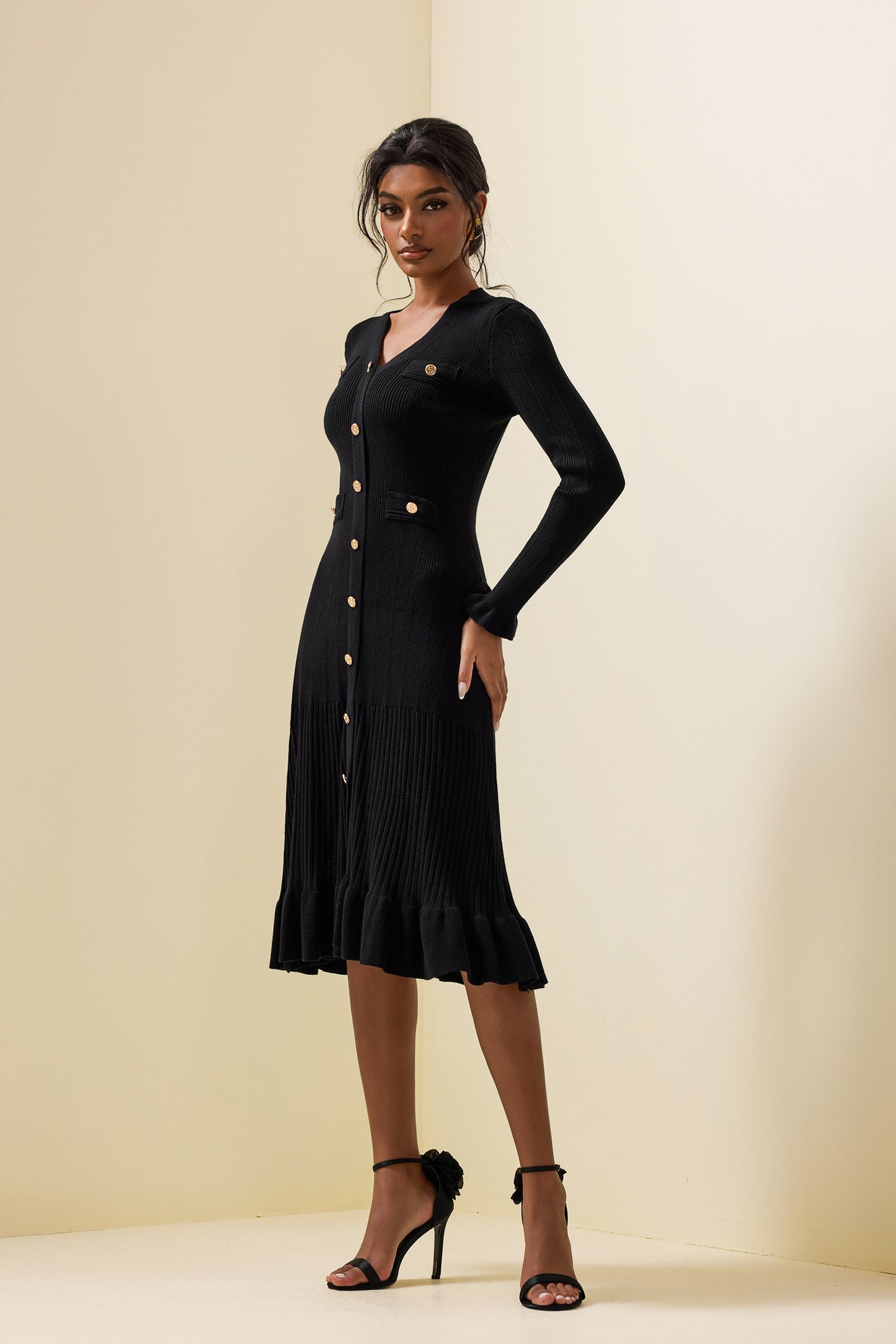 Jersey Single Breasted Long Sleeve Midi Dress