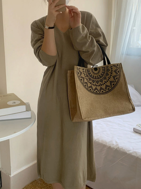 Long Sleeves Loose Solid Color V-Neck Midi Dresses Sweater Dresses