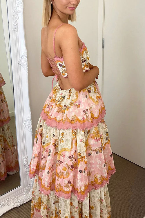 Spaghetti Strap Back Lace-up Ruffle Layered Floral Print Maxi Dress