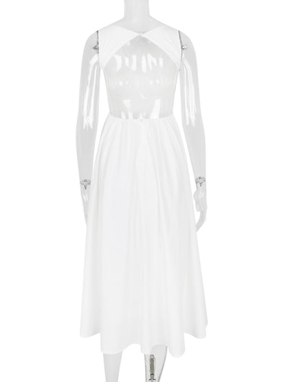 White Dress Boatneck Sleeveless Open Back Brunch Party Midi Dresses