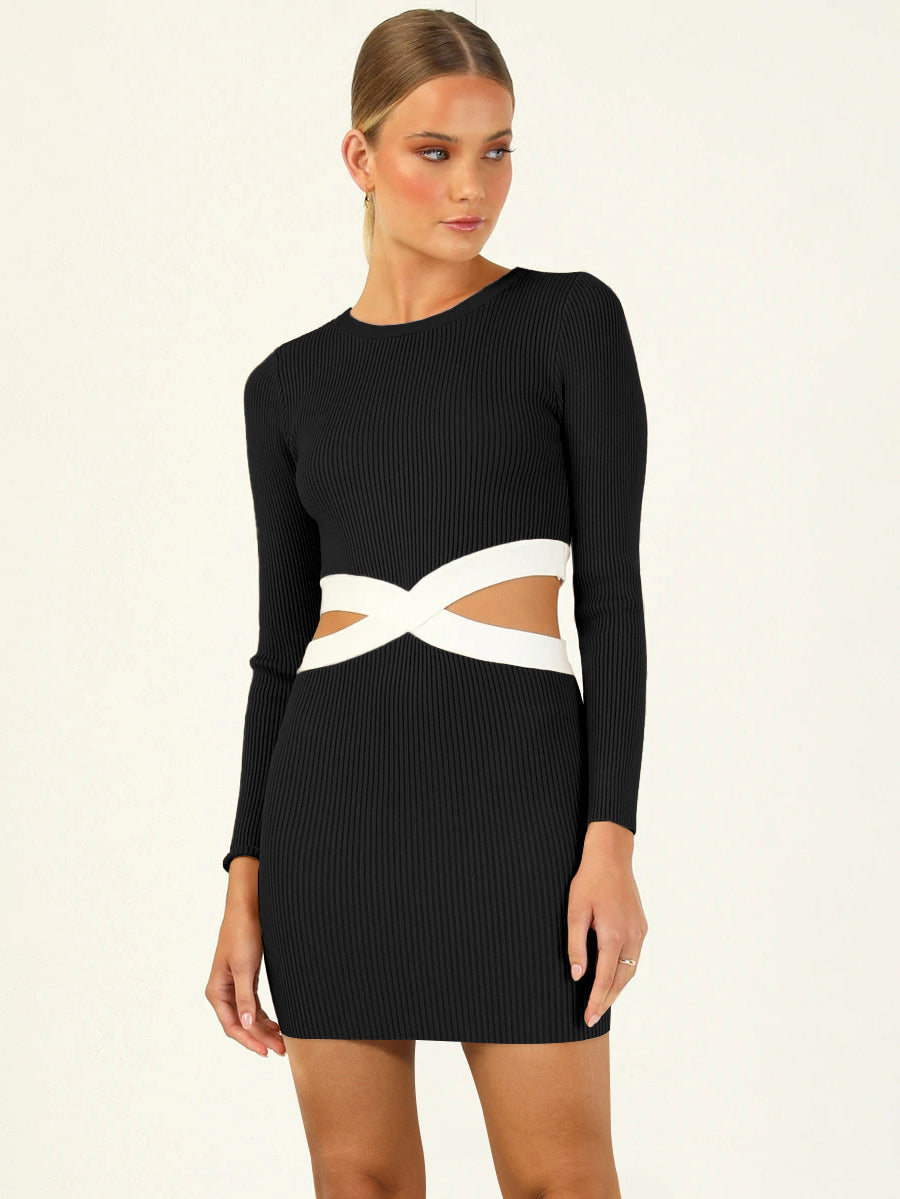 Two-Tone Knitted Dress Cutout Round Neck Long Sleeves Casual Mini Dresses