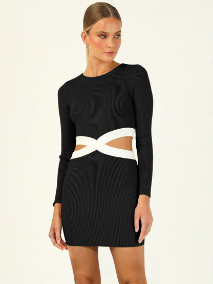Two-Tone Knitted Dress Cutout Round Neck Long Sleeves Casual Mini Dresses