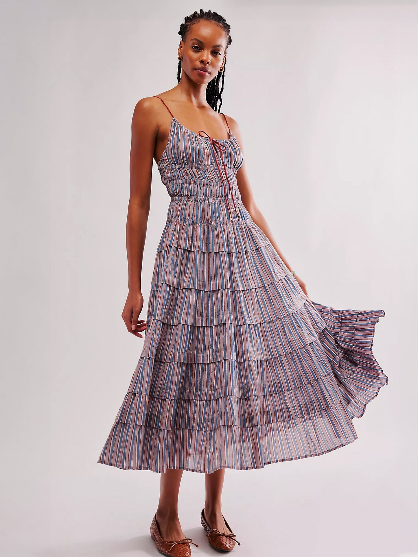 Bohemian Dress Layered Pleated Spaghetti Straps Backless Resort Midi Dresses