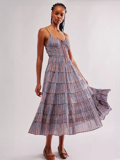 Bohemian Dress Layered Pleated Spaghetti Straps Backless Resort Midi Dresses