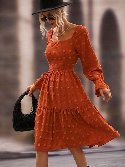 Chiffon Casual Square Neck Long Sleeves Midi Dress