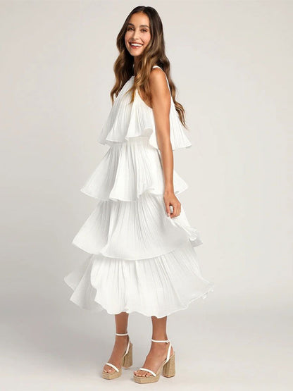 Layered Dress Halter Round Neck Sleeveless Graduation Party Midi Dresses