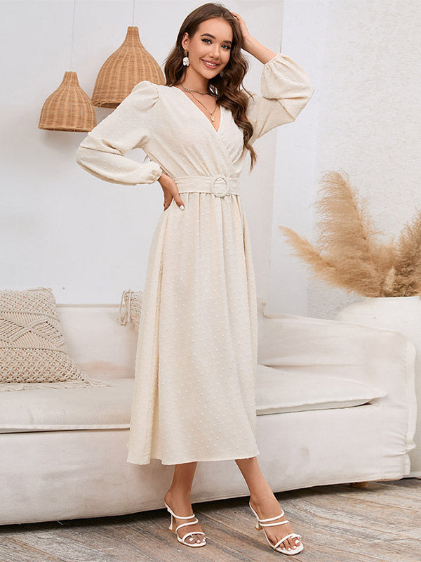 Midi Dresses V-Neck Lantern Sleeves Sash Chiffon Knee Length Dress