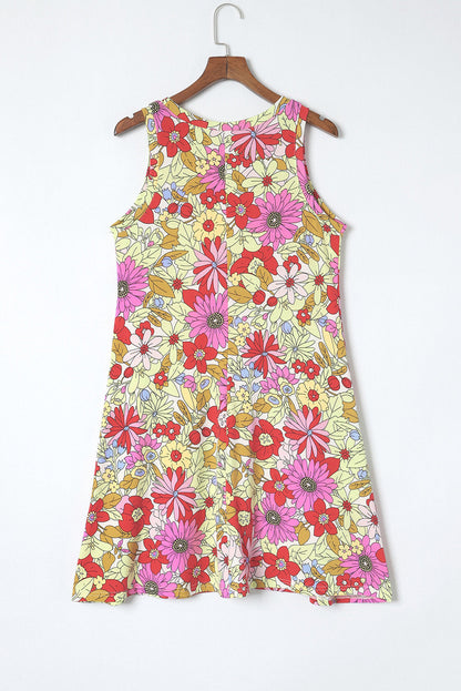 Red Round Neck Sleeveless Floral Mini Dress
