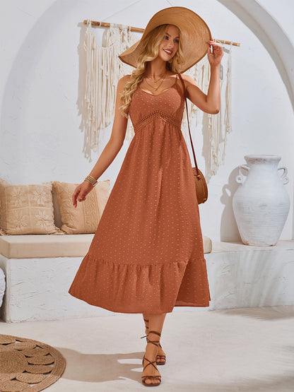 Summer Dress Adjustable Spaghetti Straps Pleated Tiered Casual Midi Dresses