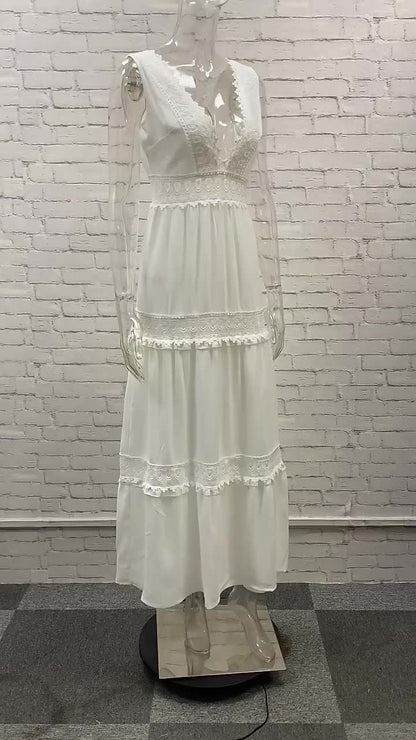 Maxi Dress V-Neck Sleeveless Casual Backless Long Dress