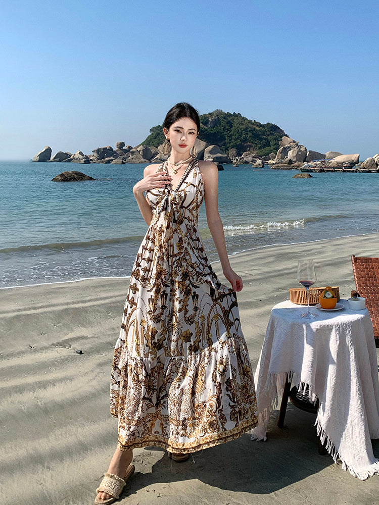 Boho Chic V-Neck Printed Maxi Dress – Elegant Beach Vacation Outfit