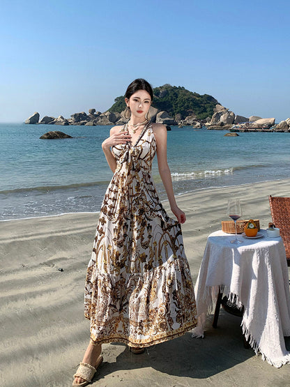 Boho Chic V-Neck Printed Maxi Dress – Elegant Beach Vacation Outfit