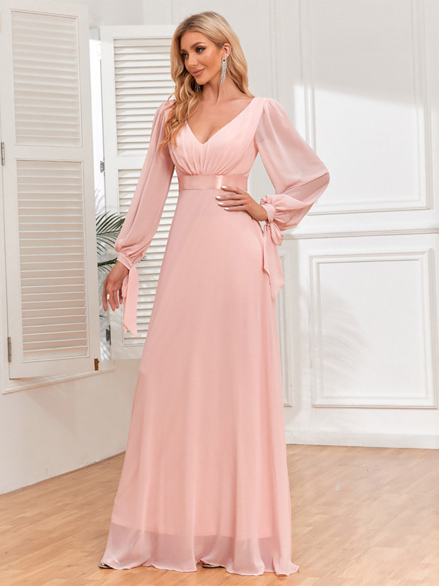Cocktail Dress Lantern Sleeves V-Neck Backless Pleated Maxi Dresses