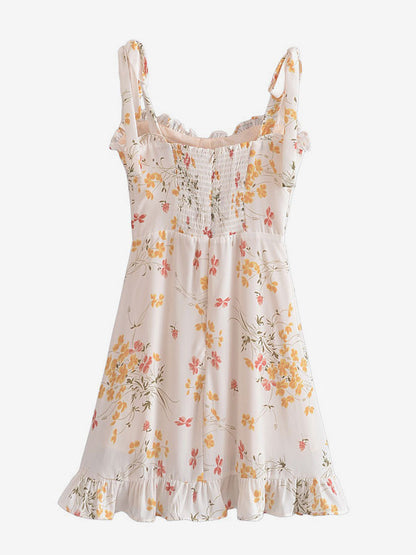 Mini Dresses Ecru White Floral Print Sleeveless Chiffon Short Dress