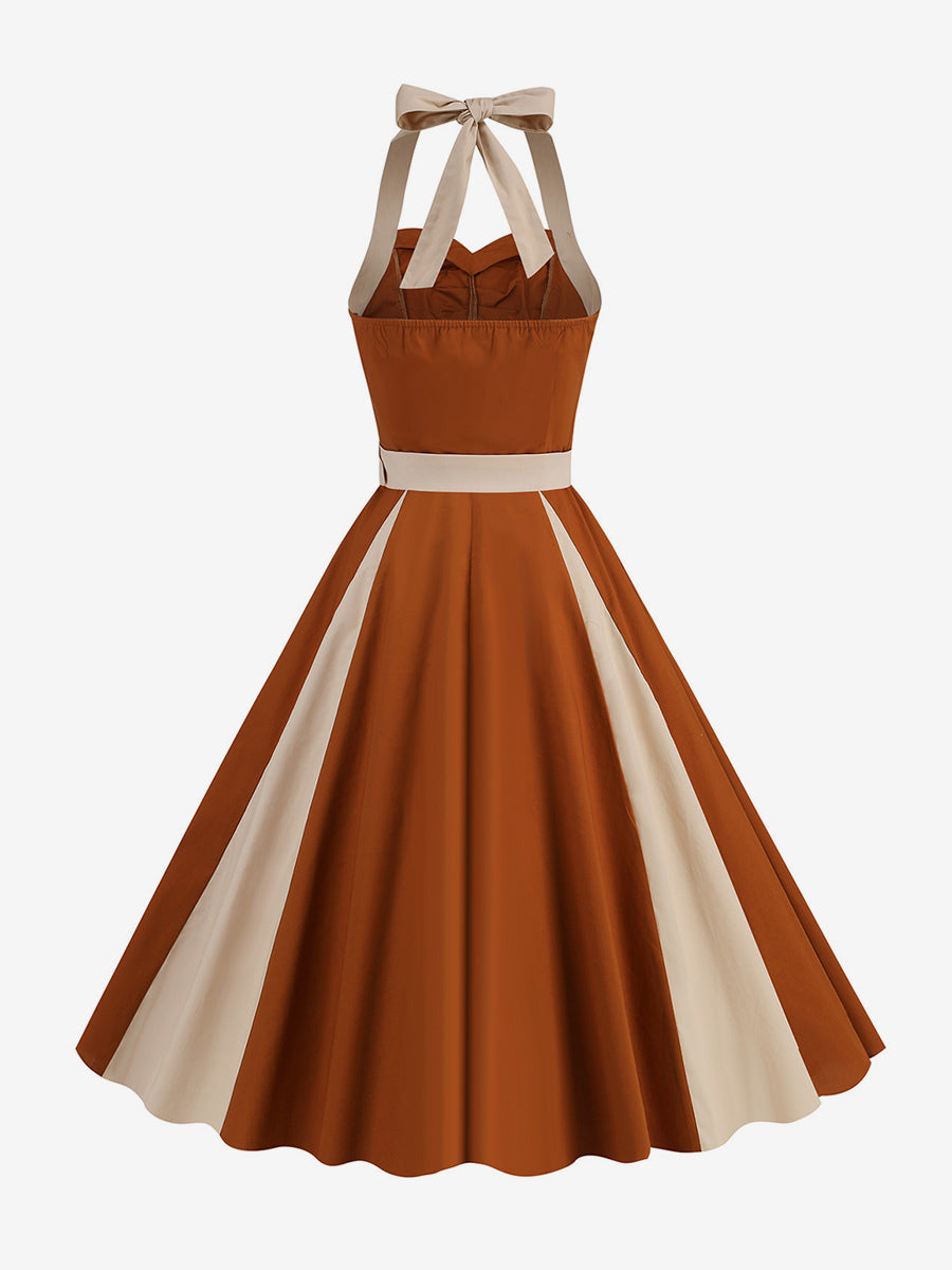 Retro Dress Halter Pleated Ring Detail Two-Tone A-Line Midi Dress