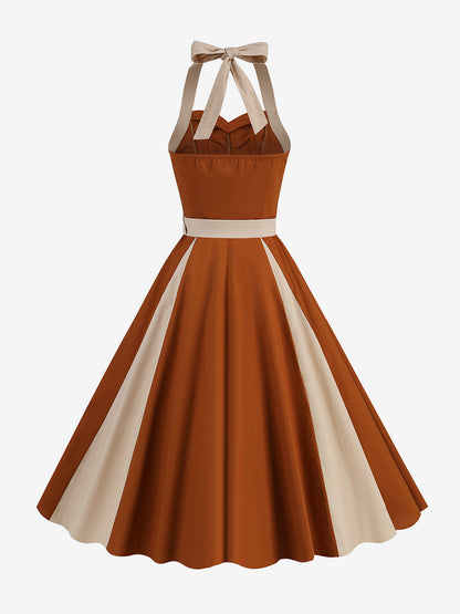 Retro Dress Halter Pleated Ring Detail Two-Tone A-Line Midi Dress