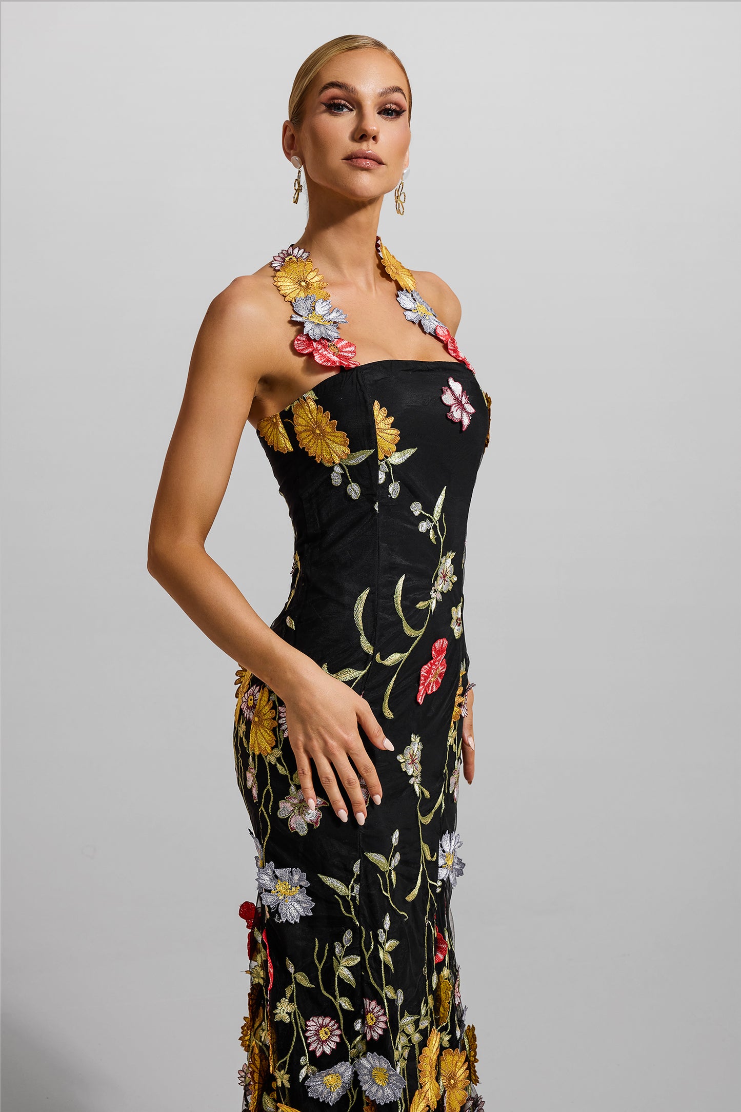 Floral Embroidered Halter Neck Midi Dress