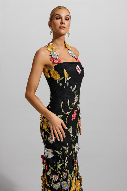 Floral Embroidered Halter Neck Midi Dress