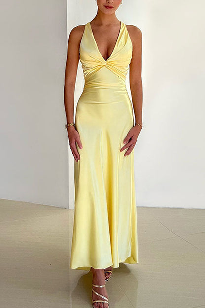 V Neck Back Tie Bow Cut Out Satin Maxi Dress