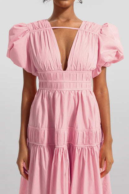 Solid V-Neck Puff Sleeve Midi Dress