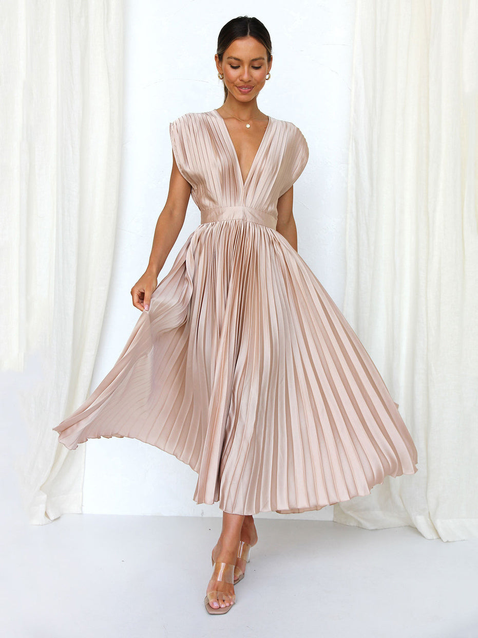 Midi Dress V-Neck Sleeveless Casual Oversized Pleated Party Dress