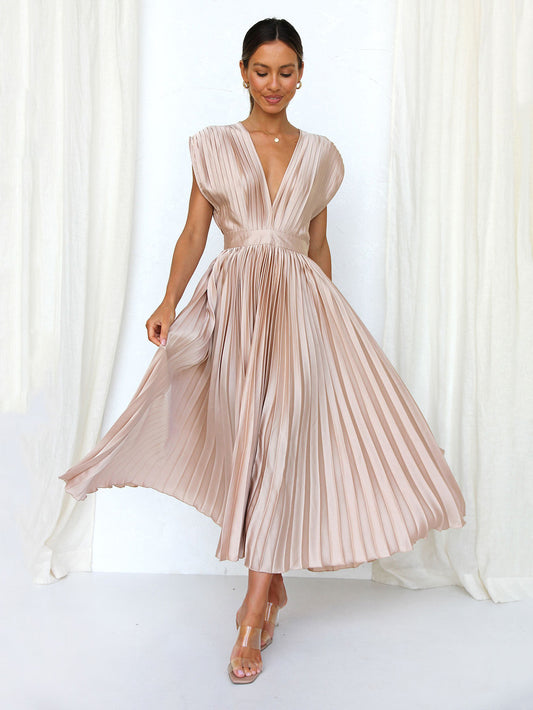 Midi Dress V-Neck Sleeveless Casual Oversized Pleated Party Dress